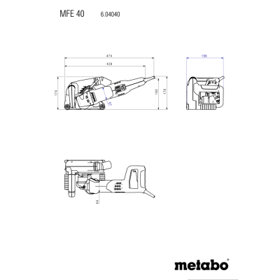 Desenho técnico da ferramenta elétrica MFE 40 com dimensões e logo Metabo