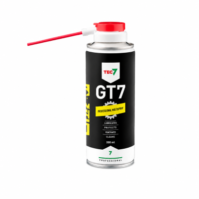 Spray lubricante profissional TEC7 GT7 em frasco preto e branco com tampa vermelha e tubo aplicador vermelho