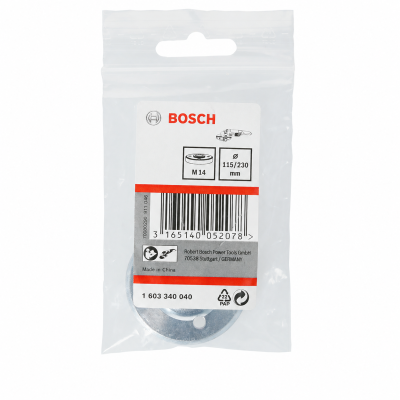 Peça metálica circular embalada com etiqueta Bosch com texto M 14 e Ø 115/230 mm