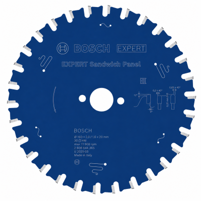 Lâmina circular de serra azul BOSCH EXPERT com dentes metálicos prateados e texto técnico