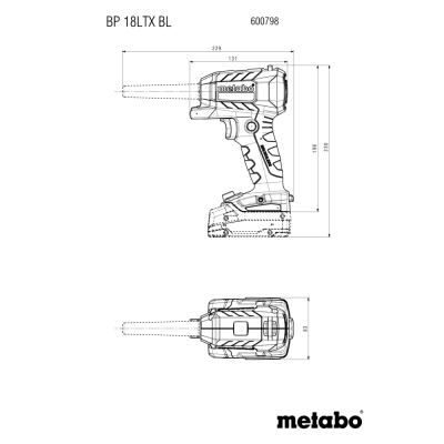 Desenho técnico de ferramenta elétrica sem fios Metabo BP 18LTX BL com medidas em mm