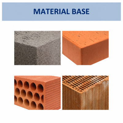 Quatro blocos de construção de diferentes materiais base e texturas sob texto MATERIAL BASE