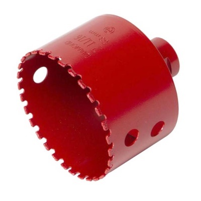 Serra copo vermelha com dentes metálicos e furos laterais