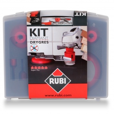 Kit de ferramentas RUBI KIT DIAMANT DRYGRES numa caixa cinzenta com peças vermelhas visíveis