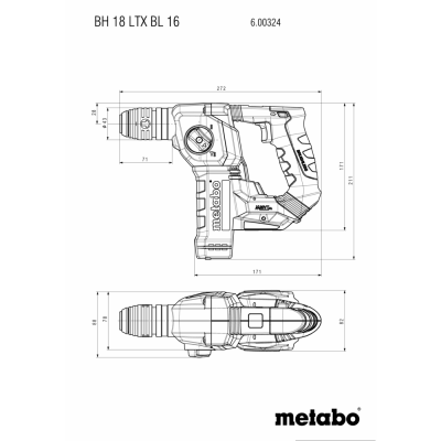 Desenho técnico de uma ferramenta elétrica Metabo com modelo e medidas detalhadas