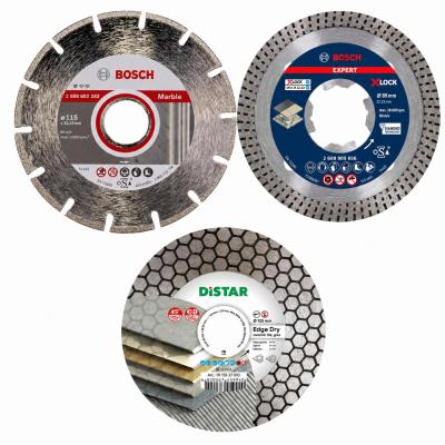 Três discos de corte cirulares em metal para ferramentas elétricas com rótulos coloridos
