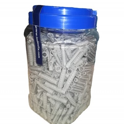 Frasco com buchas de fixação cinzentas e tampa azul