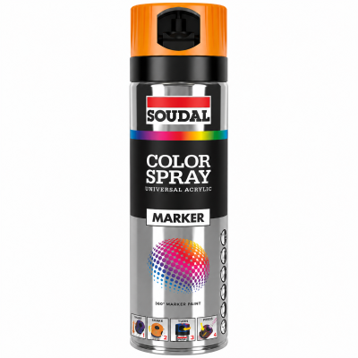 Lata de spray colorido SOUDAL com tampa laranja e etiquetas pretas e coloridas