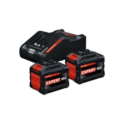 Carregador preto com duas baterias EXPERT 18V preto e vermelho em fundo branco