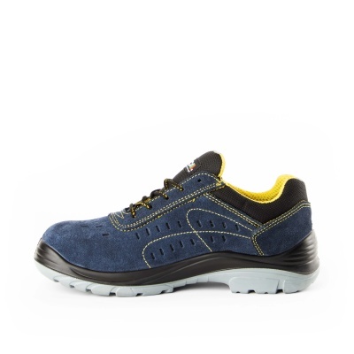 Ténis desportivo de segurança azul escuro com detalhes amarelos e sola cinzenta clara