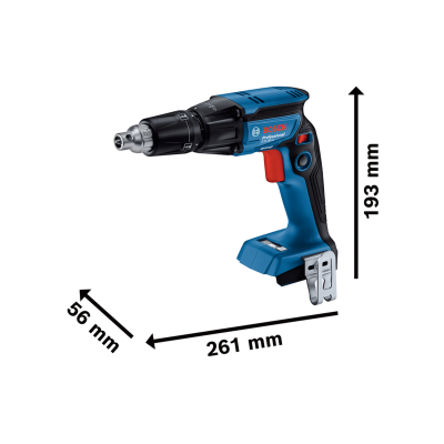 Parafusadora Bosch Professional azul e preta com punho vermelho e clip metálico, com dimensões indicadas.