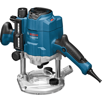 Máquina fresadora Bosch Professional azul e preta com base metálica prateada