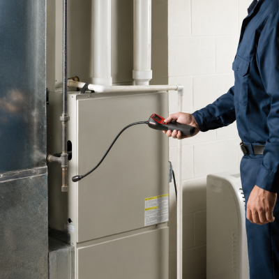 Técnico a inspecionar unidade de aquecimento com aparelho de medição