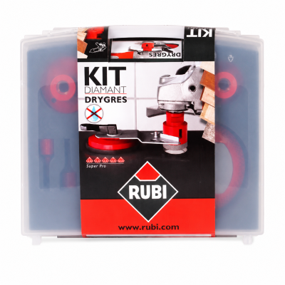 Estojo plástico transparente com kit de corte diamantado RUBI com etiqueta e texto visível.