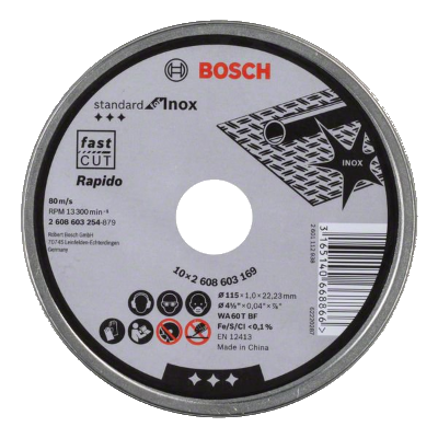 Disco de corte Bosch para inox com texto e código de barras