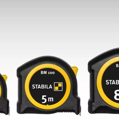 Conjunto de três trenas STABILA BM 100 preto e amarelo com comprimentos 3, 5 e 8 metros.