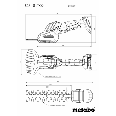 Desenho técnico da ferramenta Metabo SGS 18 LTX Q com lâminas de aparar grama e arbustos e medidas.