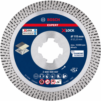 Disco de corte Bosch Expert XLOCK azul e cinza com etiqueta azul e texto técnico