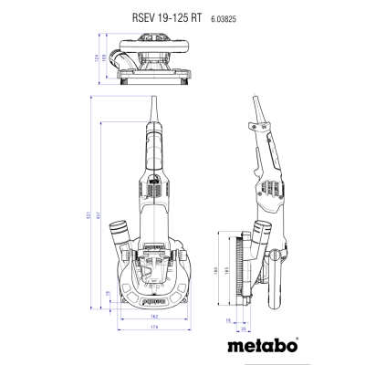 Desenho técnico da ferramenta elétrica Metabo RSEV 19-125 RT com dimensões em milímetros