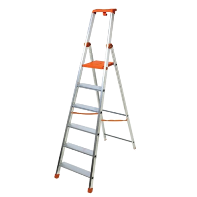 Escada de alumínio prateada com degraus e plataforma laranja