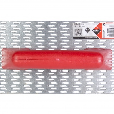 Colher de pedreiro com cabo vermelho e base metálica perfurada