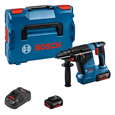 Conjunto Bosch com mala azul, martelo-perfurador sem fio, bateria 18V e carregador.
