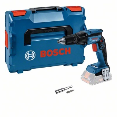 Conjunto Bosch com mala azul e parafusadora a bateria azul escuro e vermelha, com pontas de parafuso