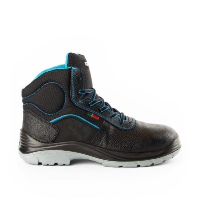 Bota preta de segurança com sola cinzenta clara e detalhes azul