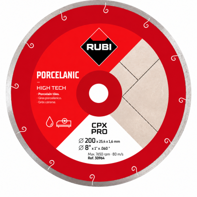 Disco de corte circular para porcelânico da marca RUBI com borda metálica e fundo vermelho e branco