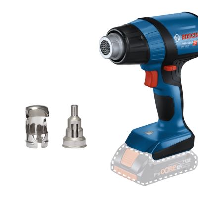 Pistola de ar quente Bosch Professional azul e preta com acessórios metálicos ao lado