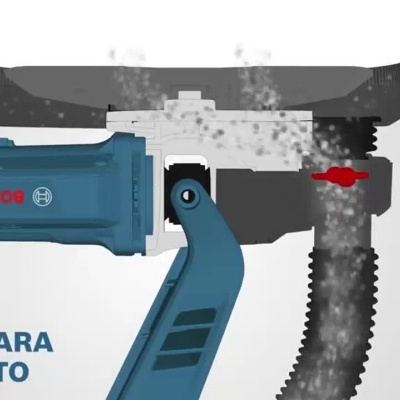 Homem usando lixadora Bosch GTR 550 Professional com texto explicativo do produto.