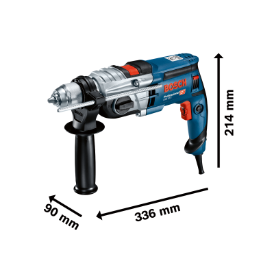 Furadeira Bosch Professional azul com punho lateral preto e marcações de medidas.
