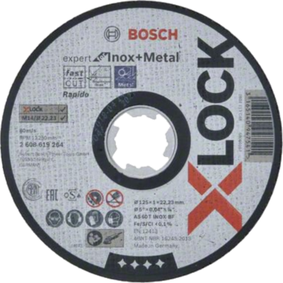 Disco de corte Bosch X-LOCK para inox e metal com texto e símbolos técnicos