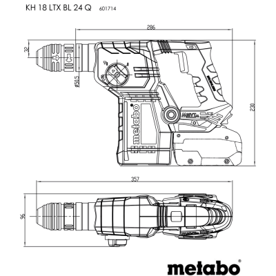 Desenho técnico de ferramenta elétrica Metabo KH 18 LTX BL 24 Q com dimensões.