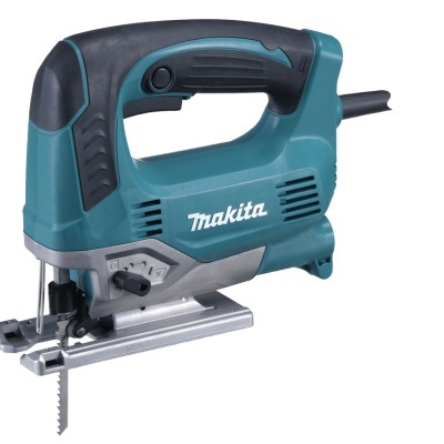 Serra tico-tico Makita azul e preta com lâmina e base metálica