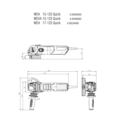 Desenho técnico com vista lateral, superior e frontal de uma rebarbadora Metabo com medidas e modelos indicados.