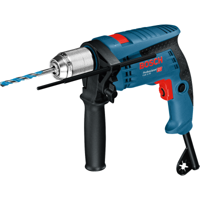 Furadeira elétrica Bosch azul com punho preto e botão vermelho