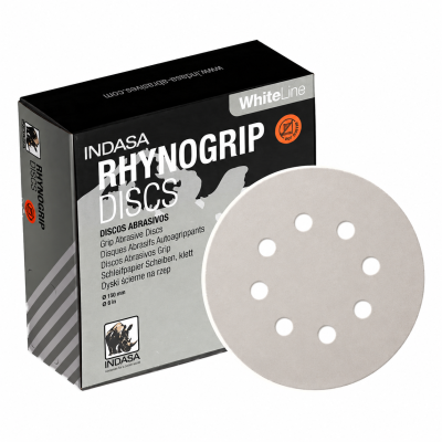Discos abrasivos Indasa Rhynogrip com caixa preta e cinzenta e disco branco com furos.