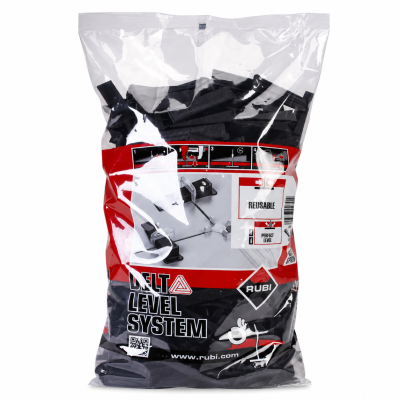 Saco transparente com sistema nivelador preto para azulejos e embalagem com texto vermelho e preto