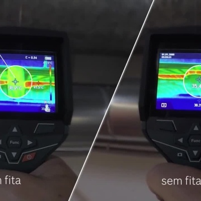 Câmera termográfica usada para inspeção mostrando imagens térmicas e funcionalidades do dispositivo.