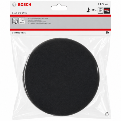 Disco de espuma preta extra suave da Bosch em embalagem plástica transparente com rótulo branco e vermelho