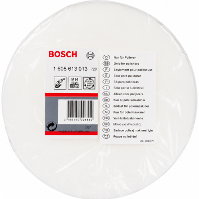 Disco de polimento branco BOSCH em embalagem com etiquetas e texto