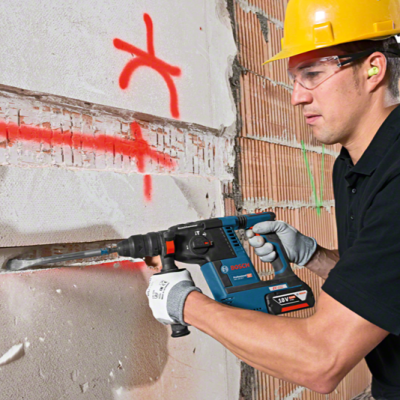 Profissional a usar martelo perfurador Bosch azul a perfurar parede com capacete amarelo.