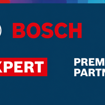 Logotipo Bosch com texto Expert e Premium Partner em fundo azul