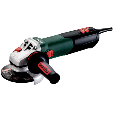 Esmeril angular Metabo verde e preto com disco abrasivo e pega lateral.