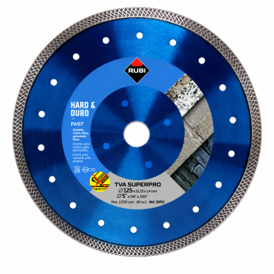 Disco de corte circular azul para granito e azulejos com texto técnico