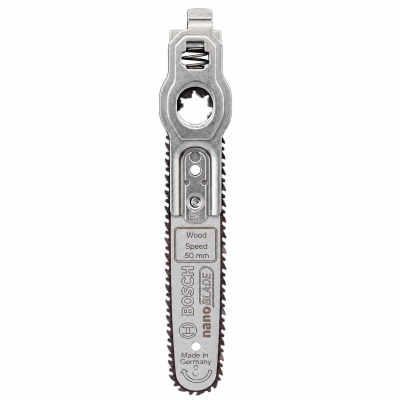 Lâmina de serra Bosch nanoBlade para madeira de 50 mm prateada com dentes afiados.