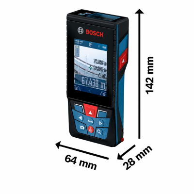 Medidor digital Bosch azul e preto com ecrã a cores e botões vermelhos, apresentado com dimensões