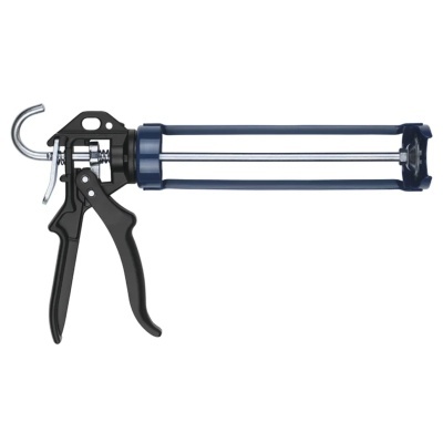 Pistola de aplicação para tubo de silicone com punho preto e estrutura metálica azul e prateada