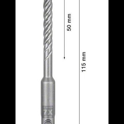 Broca de metal prateada com ponta azul e texto 7X SDS-plus